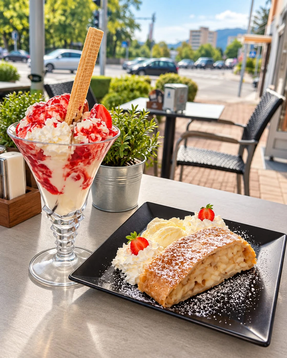 Eisbecher und Strudel auf einem Tisch im Außenbereich